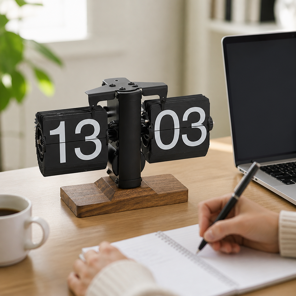 Flip Clock Mechanical Exposed Gears Wood Base
