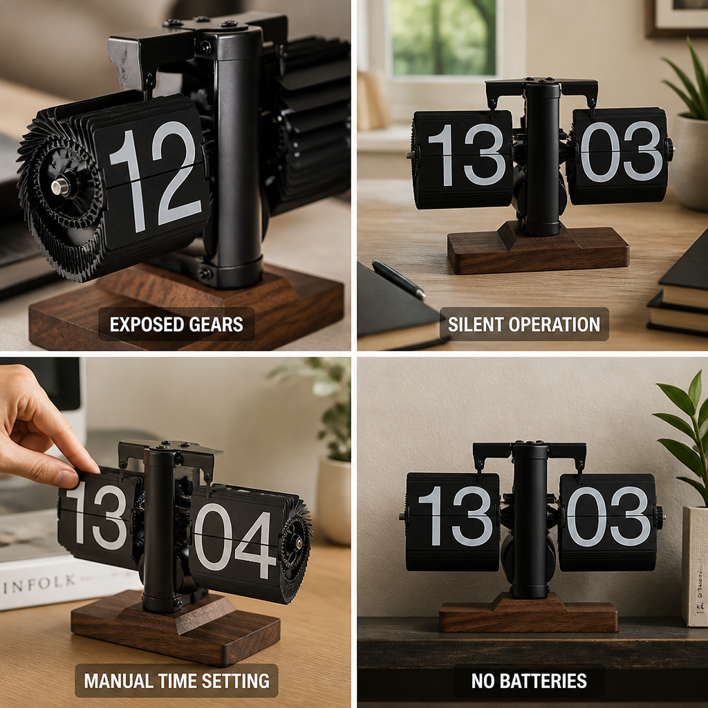 Flip Clock Mechanical Exposed Gears Wood Base