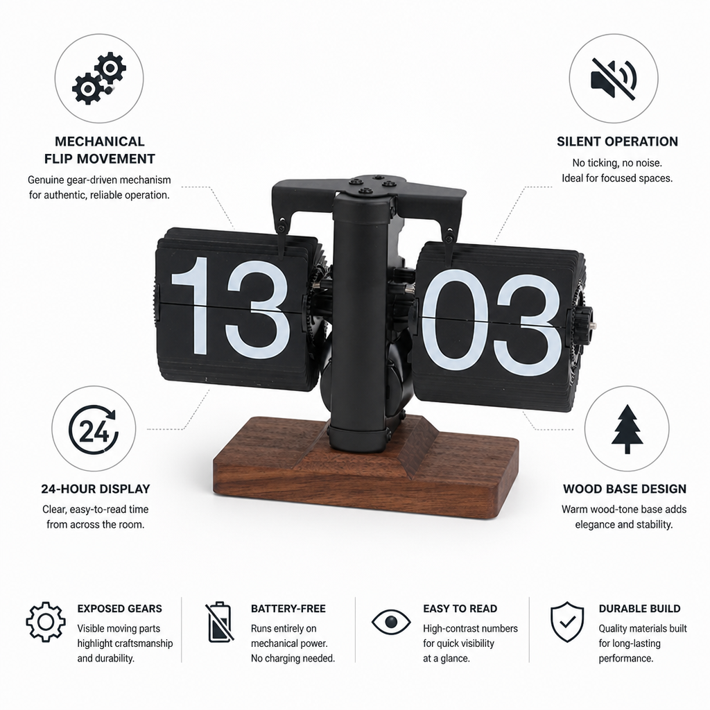 Flip Clock Mechanical Exposed Gears Wood Base