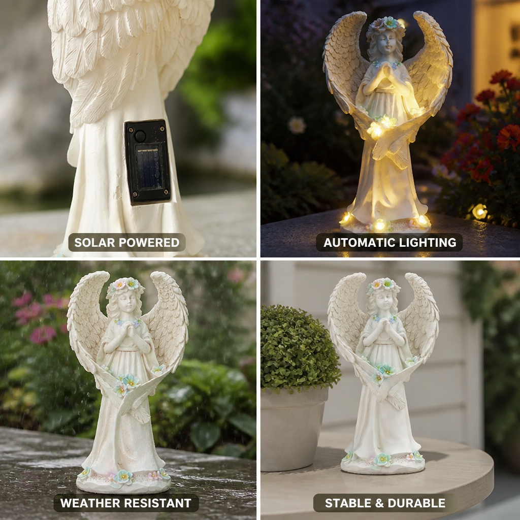 Garden Angel Statue Solar-Powered LED Weather-Resistant Cast Resin