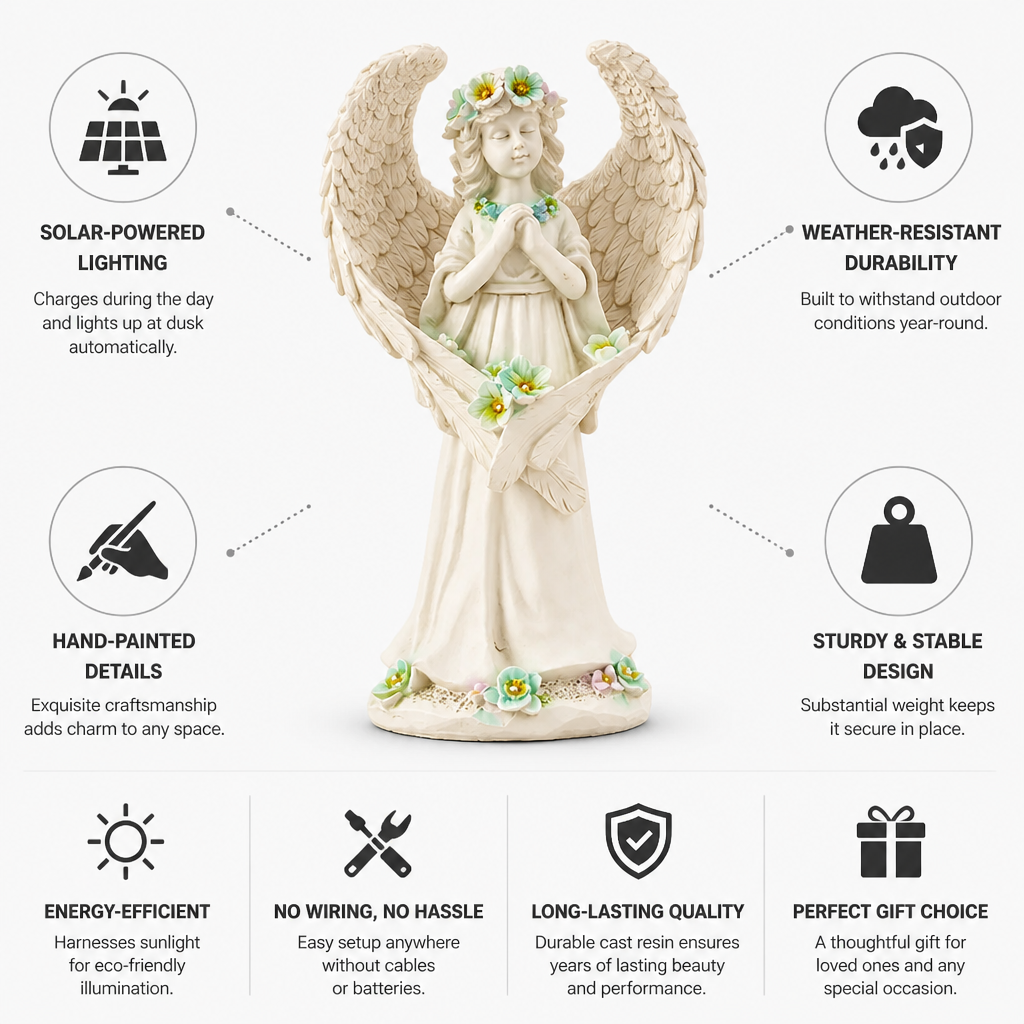 Garden Angel Statue Solar-Powered LED Weather-Resistant Cast Resin