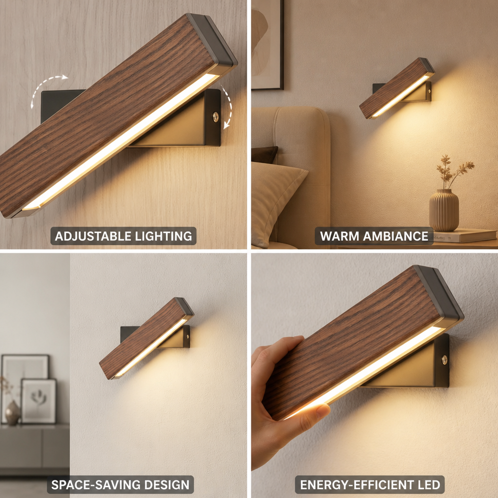 Indoor Wall Lamp Rotatable Head Warm LED Wood & Iron