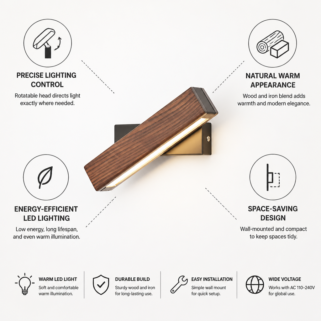 Indoor Wall Lamp Rotatable Head Warm LED Wood & Iron