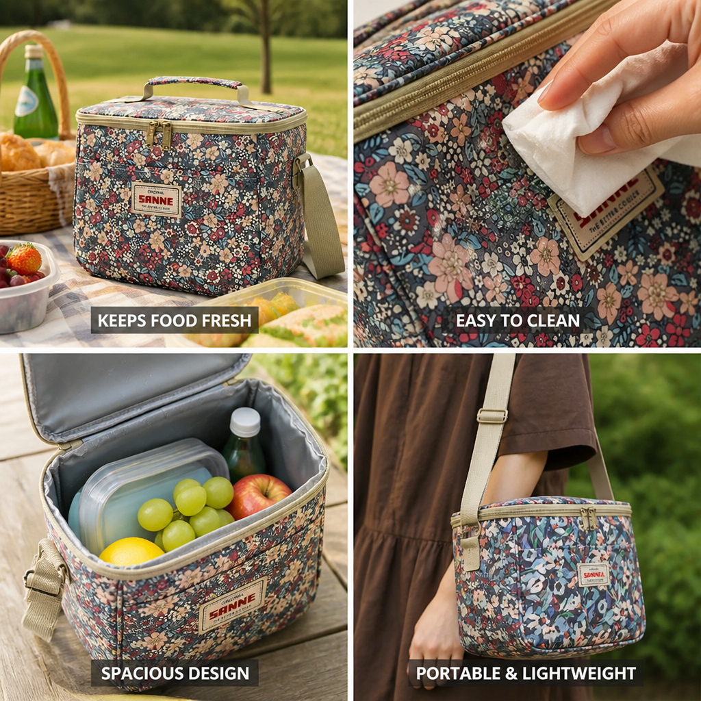 Insulated Lunch Bag Retro Floral Easy-Clean Fabric