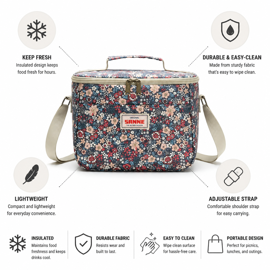 Insulated Lunch Bag Retro Floral Easy-Clean Fabric