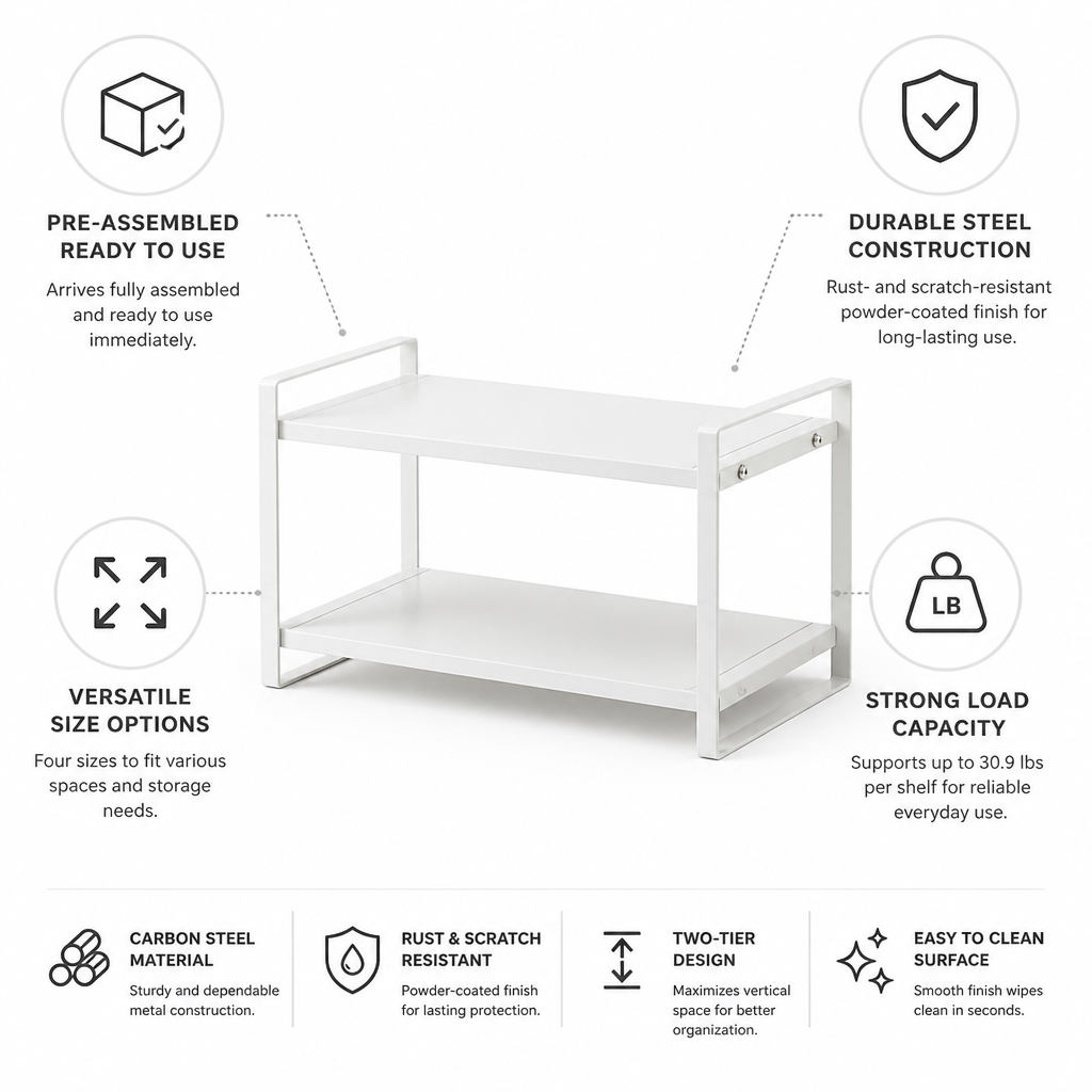 Kitchen Organizer Shelf Two-Tier Pre-Assembled Powder-Coated Steel