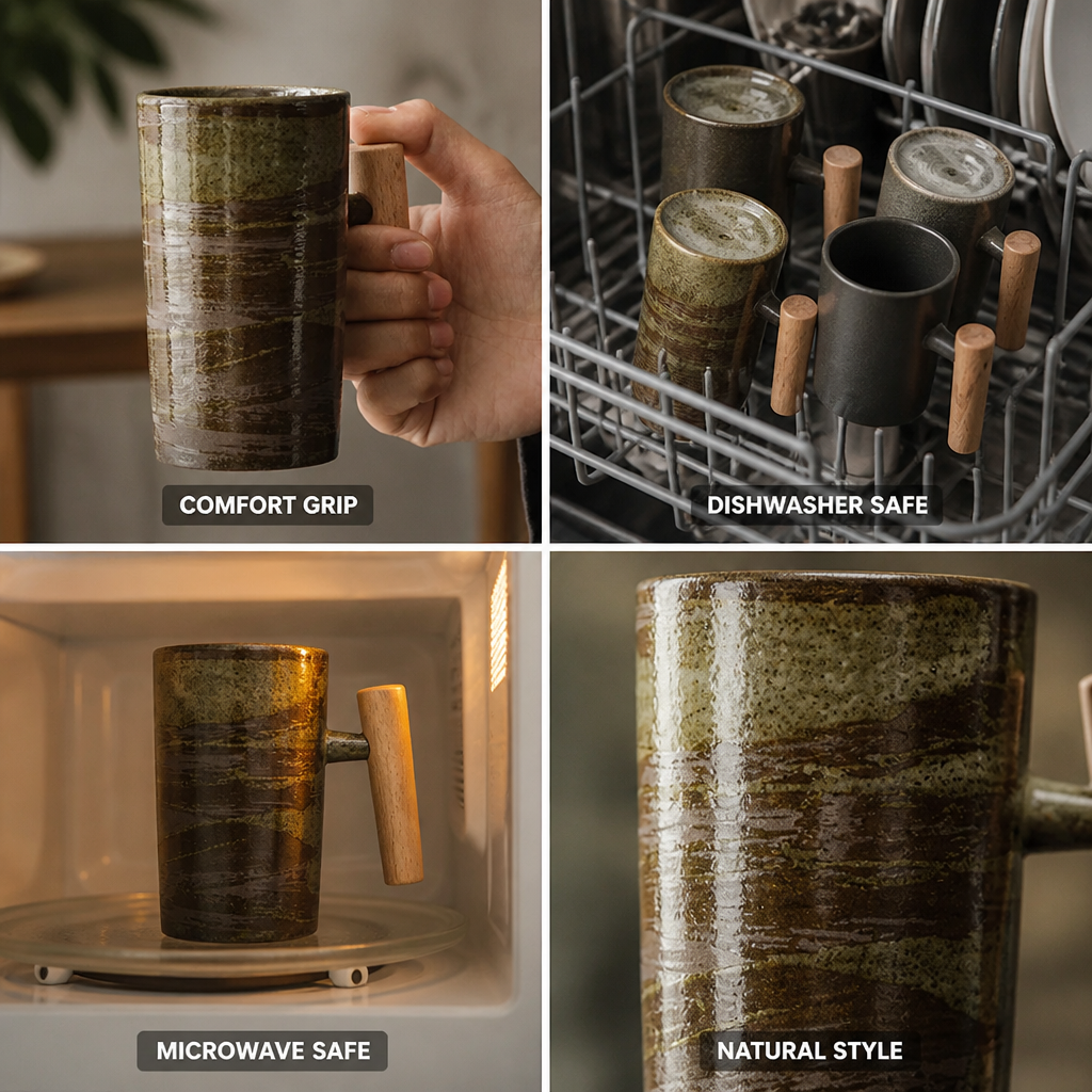 Latte Mug Ceramic & Wood 220ml Dishwasher Safe