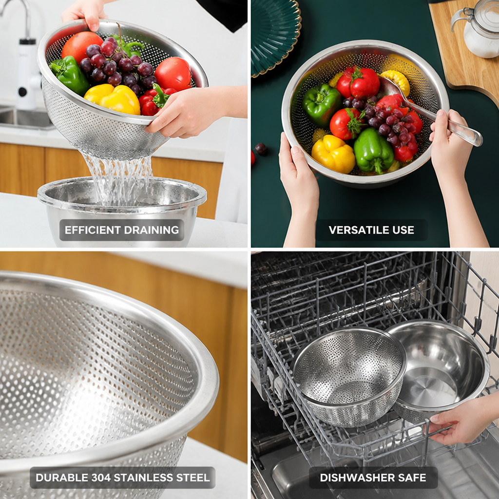Mixing Bowl & Colander Stainless Steel Fine Mesh Dishwasher-Safe