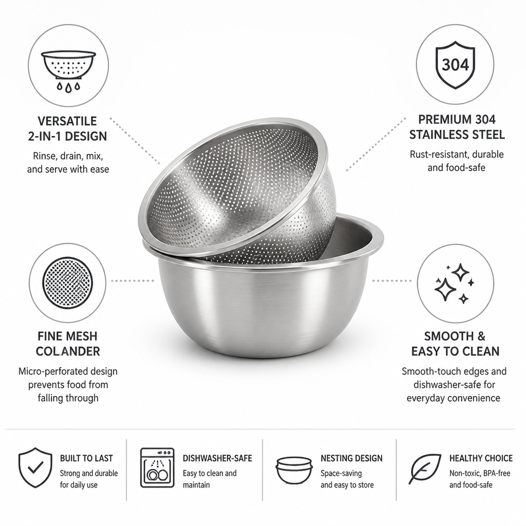 Mixing Bowl & Colander Stainless Steel Fine Mesh Dishwasher-Safe