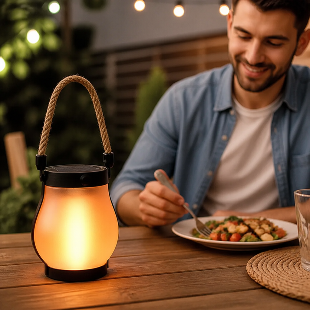 Outdoor Lantern Flame-Effect LED Solar & USB Rechargeable