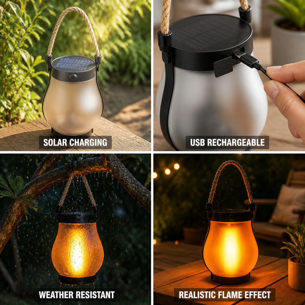 Outdoor Lantern Flame-Effect LED Solar & USB Rechargeable