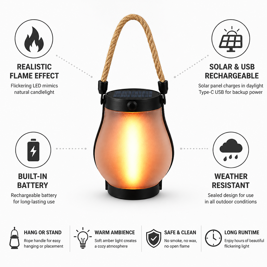 Outdoor Lantern Flame-Effect LED Solar & USB Rechargeable