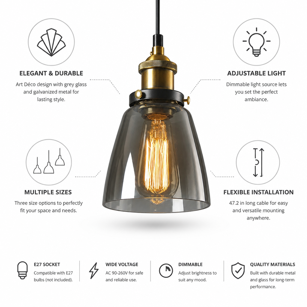 Pendant Light Art Deco Grey Glass & Galvanized Metal Dimmable