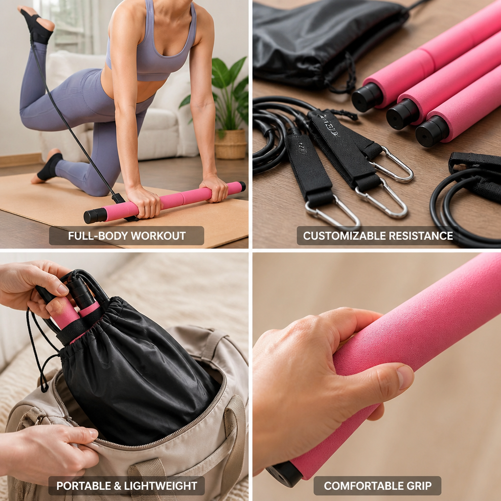 Pilates Bar Set Adjustable Bands & Anti-Slip Straps