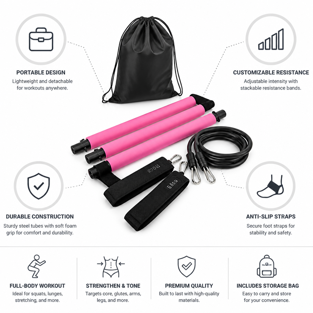Pilates Bar Set Adjustable Bands & Anti-Slip Straps
