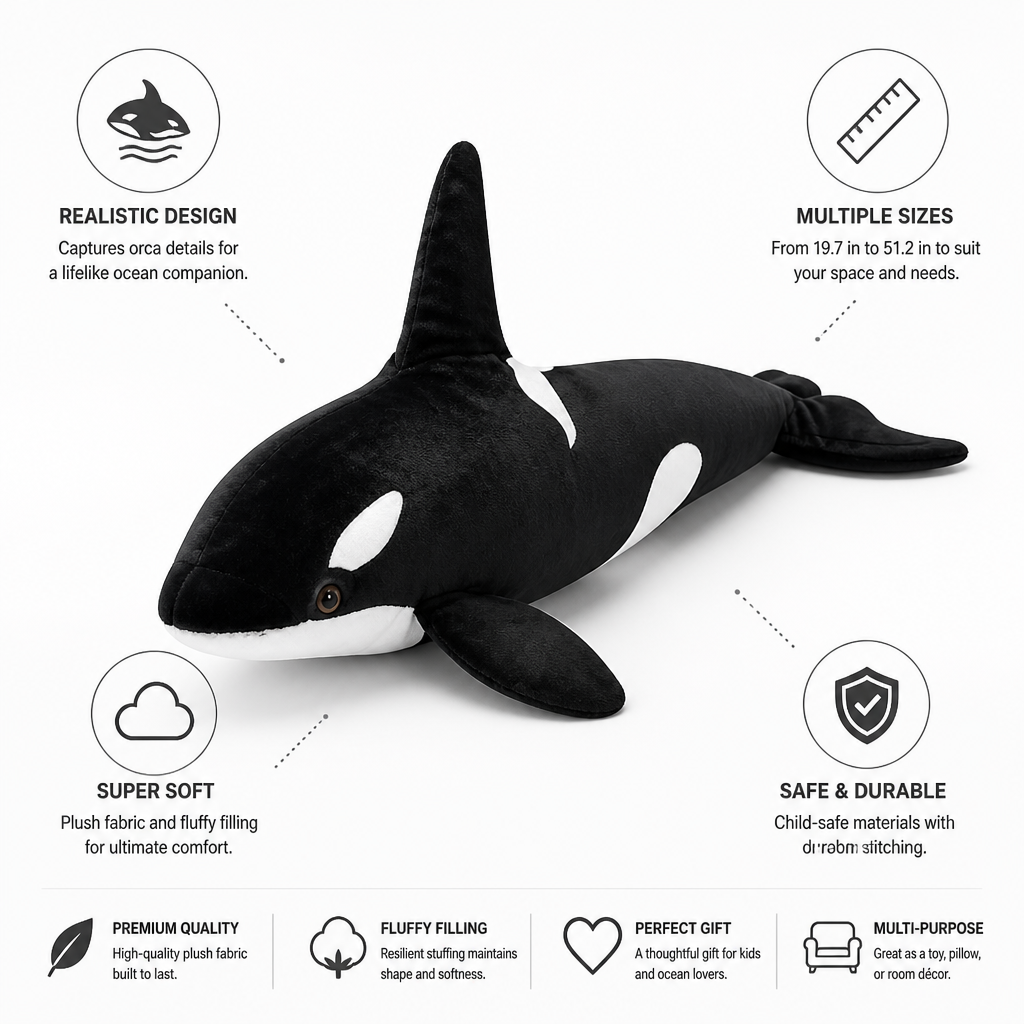 Plush Orca Super Soft Realistic Design Multiple Sizes