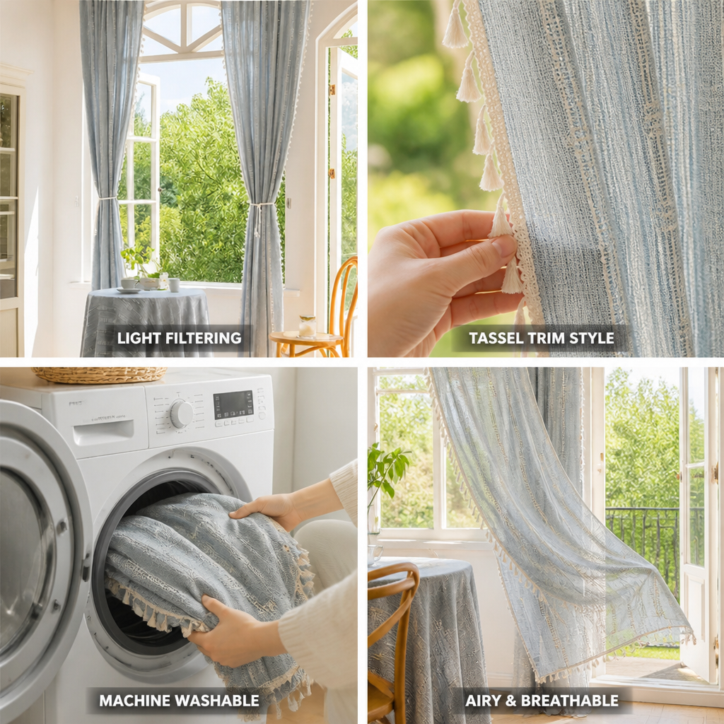 Sheer Curtain Panel Tassel Trim Light-Filtering