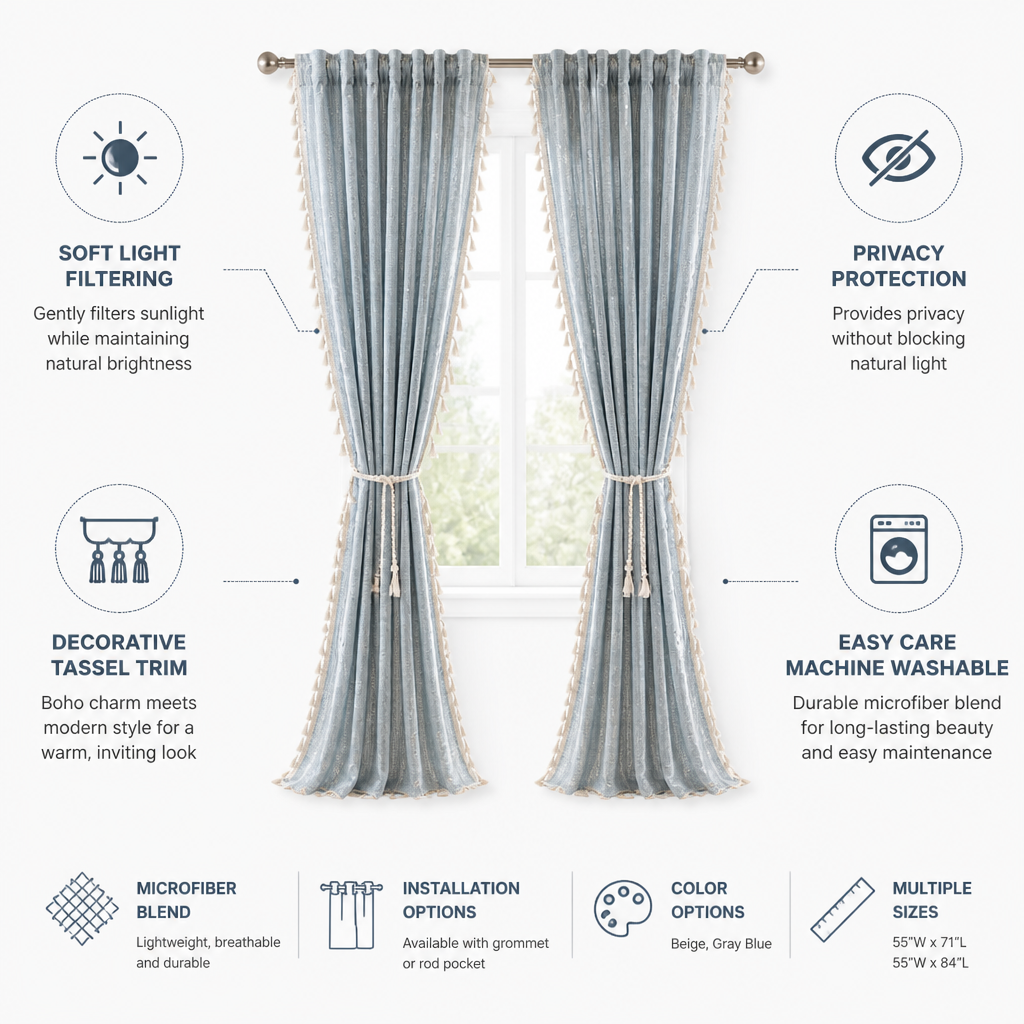 Sheer Curtain Panel Tassel Trim Light-Filtering