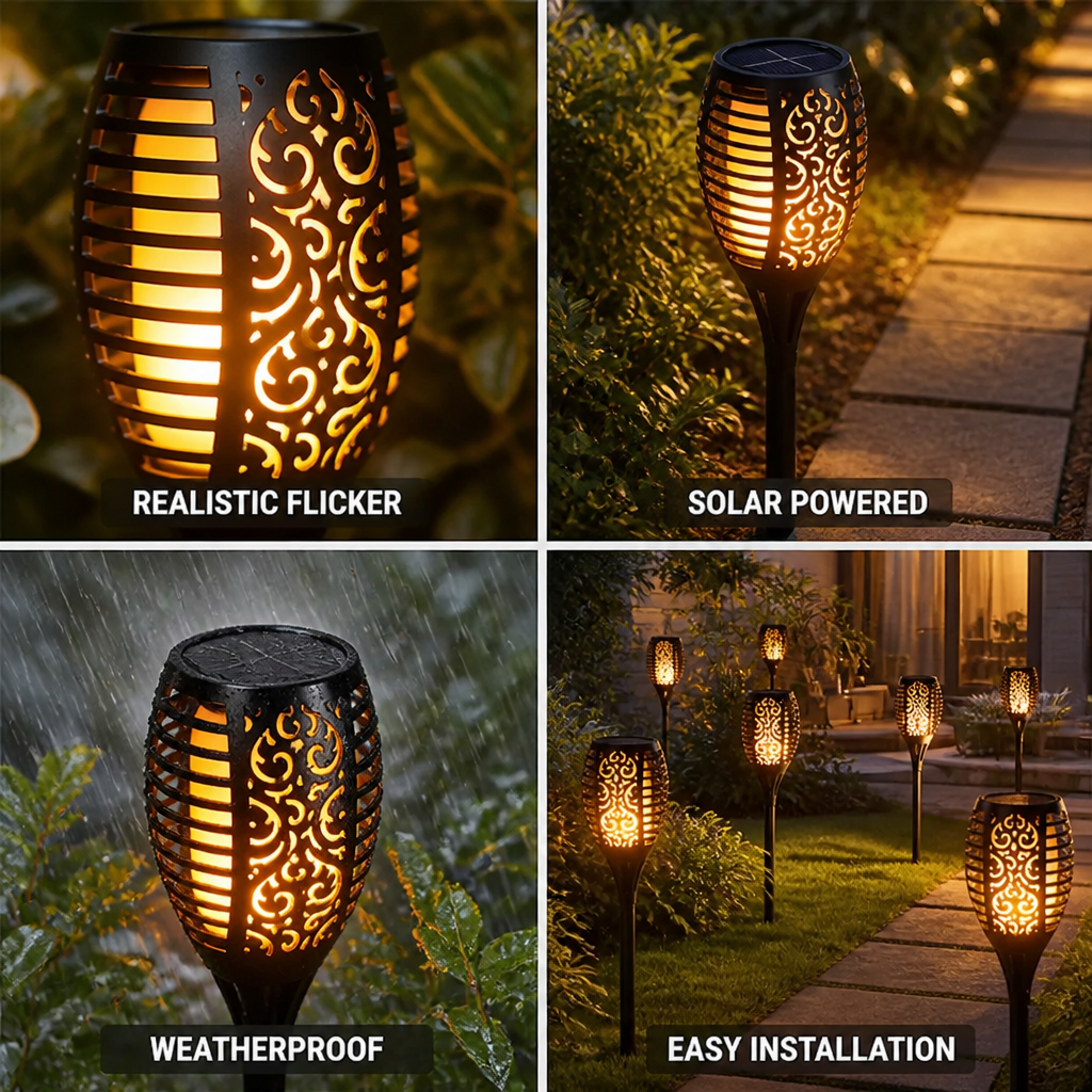 Solar Torch Light Flickering Flame Dusk-To-Dawn Waterproof
