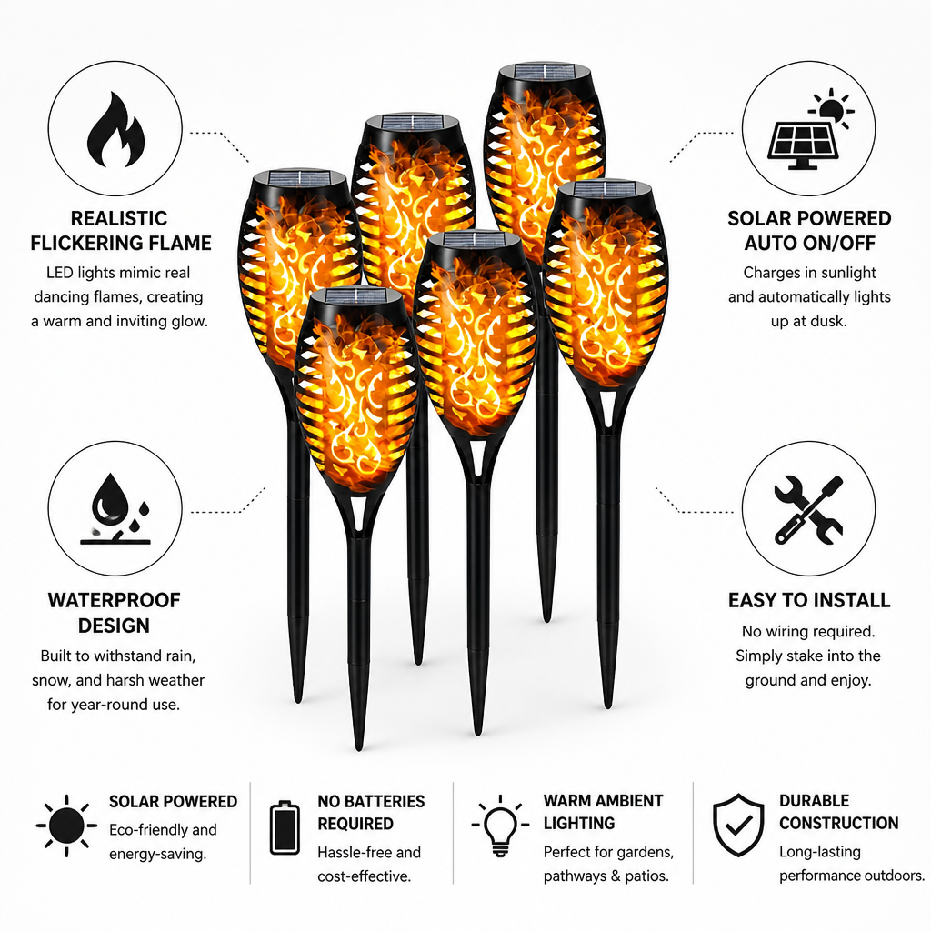 Solar Torch Light Flickering Flame Dusk-To-Dawn Waterproof