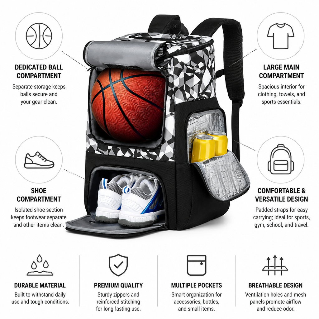 Sports Backpack Ball & Shoe Compartments Spacious Main Compartment