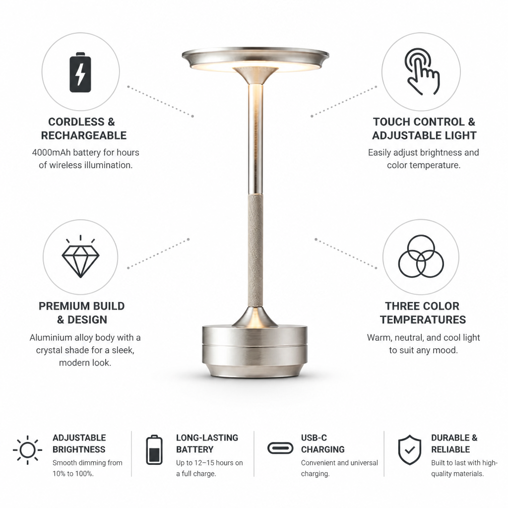 Table Lamp Cordless Touch Control & Crystal Shade