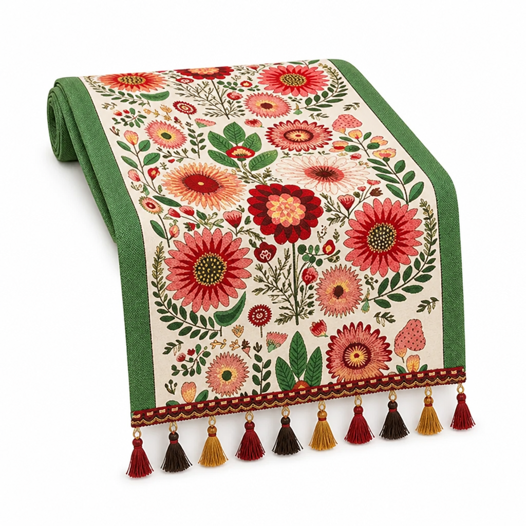 Table Runner Embroidered Floral Colorful Tassels