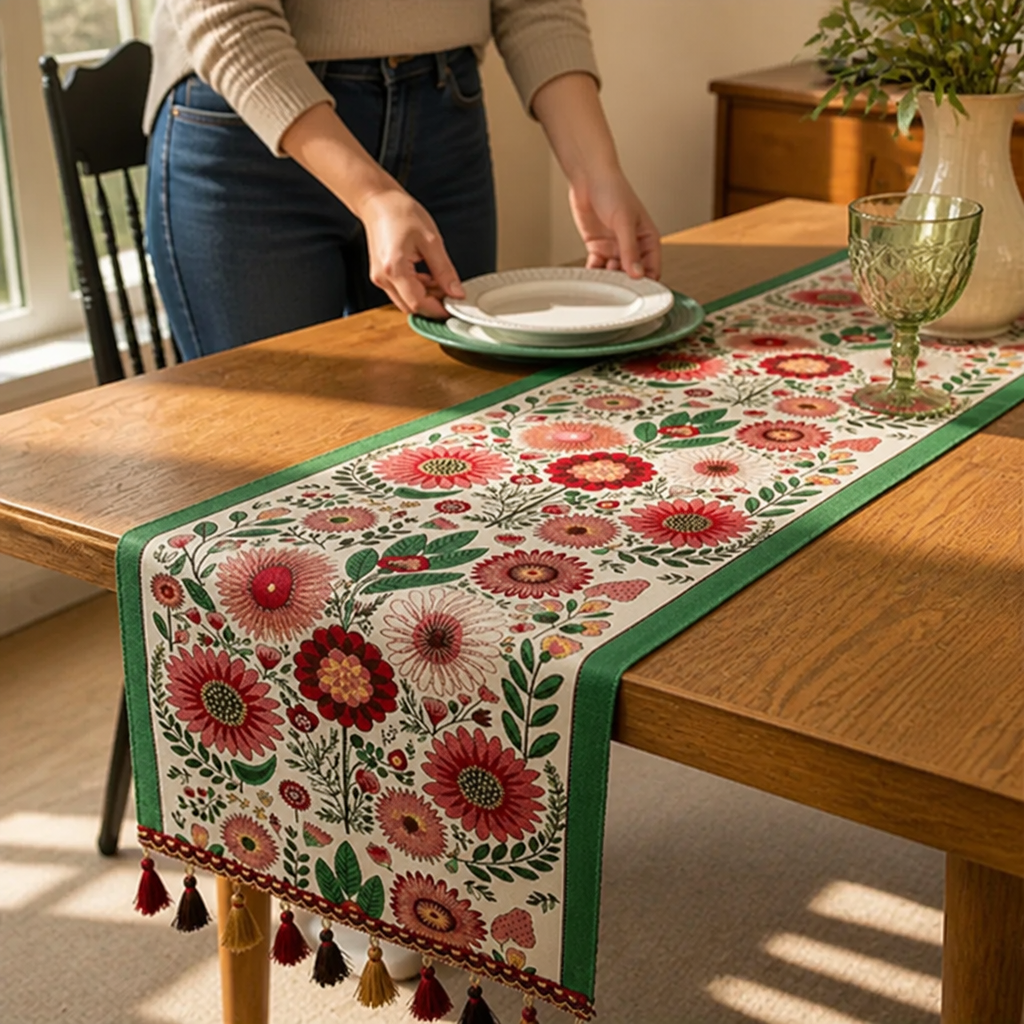 Table Runner Embroidered Floral Colorful Tassels