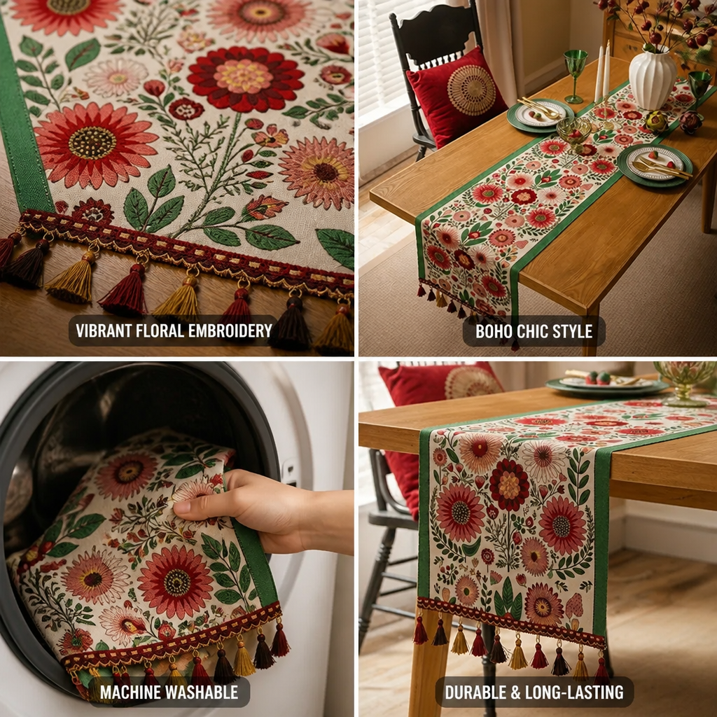 Table Runner Embroidered Floral Colorful Tassels