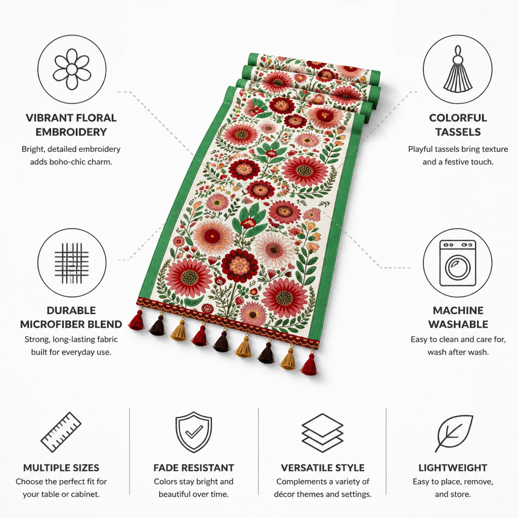Table Runner Embroidered Floral Colorful Tassels