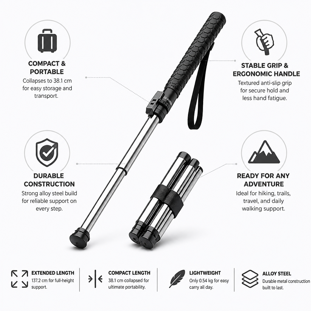 Walking Stick Collapsible Alloy Steel Anti-Slip Grip