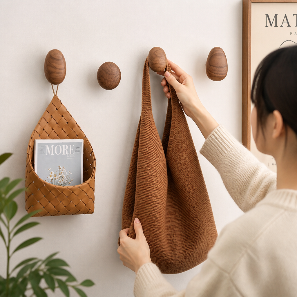 Wall Hook Pebble-Shaped Solid Wood Adhesive Backing