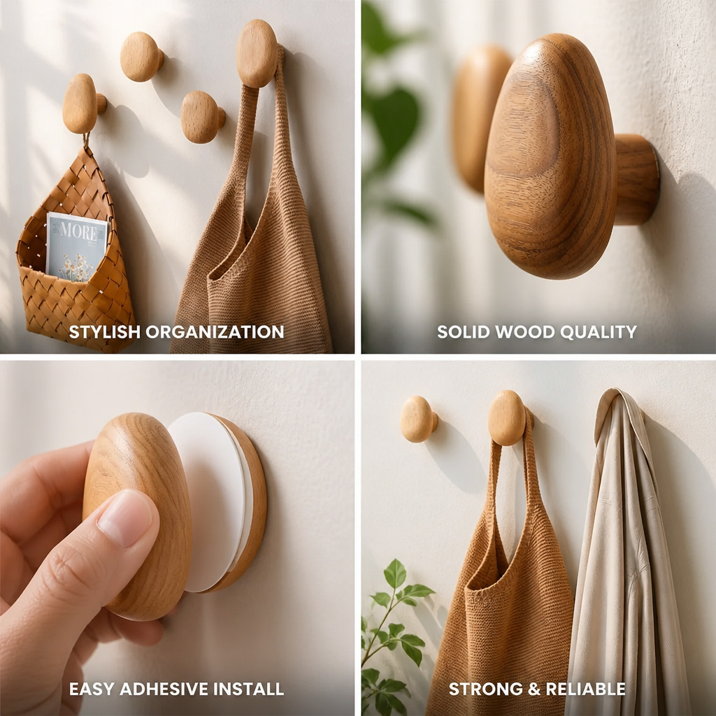 Wall Hook Pebble-Shaped Solid Wood Adhesive Backing