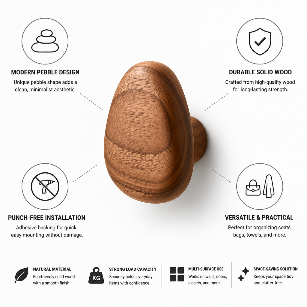 Wall Hook Pebble-Shaped Solid Wood Adhesive Backing