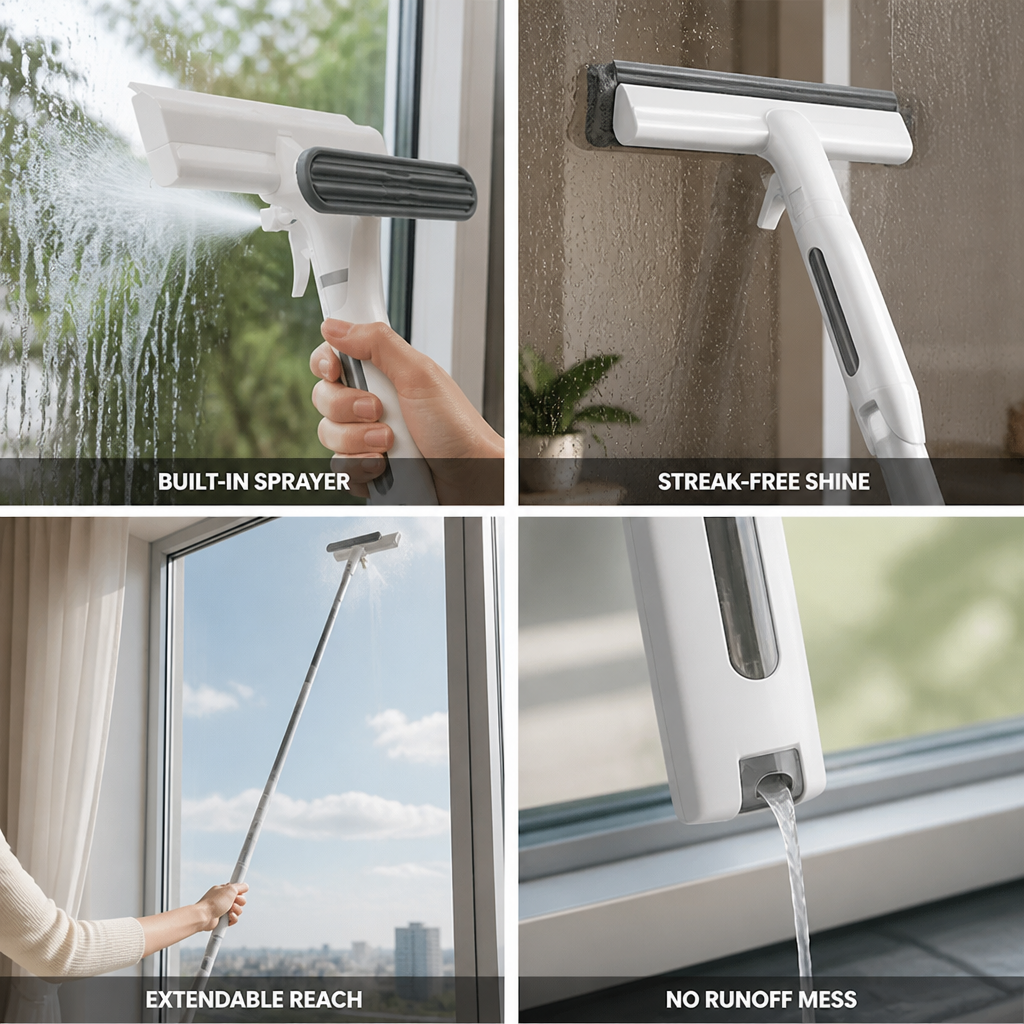 Window Squeegee Built-In Sprayer & Extendable Handle