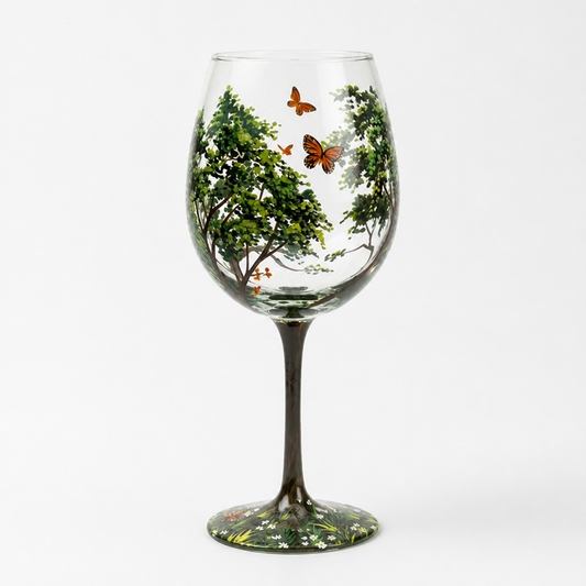 Wine Glass Hand-Painted Seasonal Tree & Butterfly Dishwasher-Safe