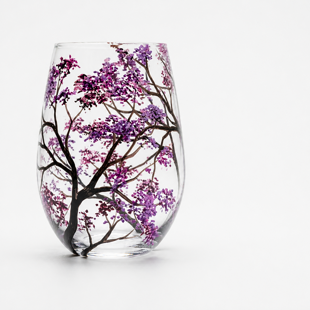 Wine Glass Hand-Painted Seasonal Tree & Butterfly Dishwasher-Safe
