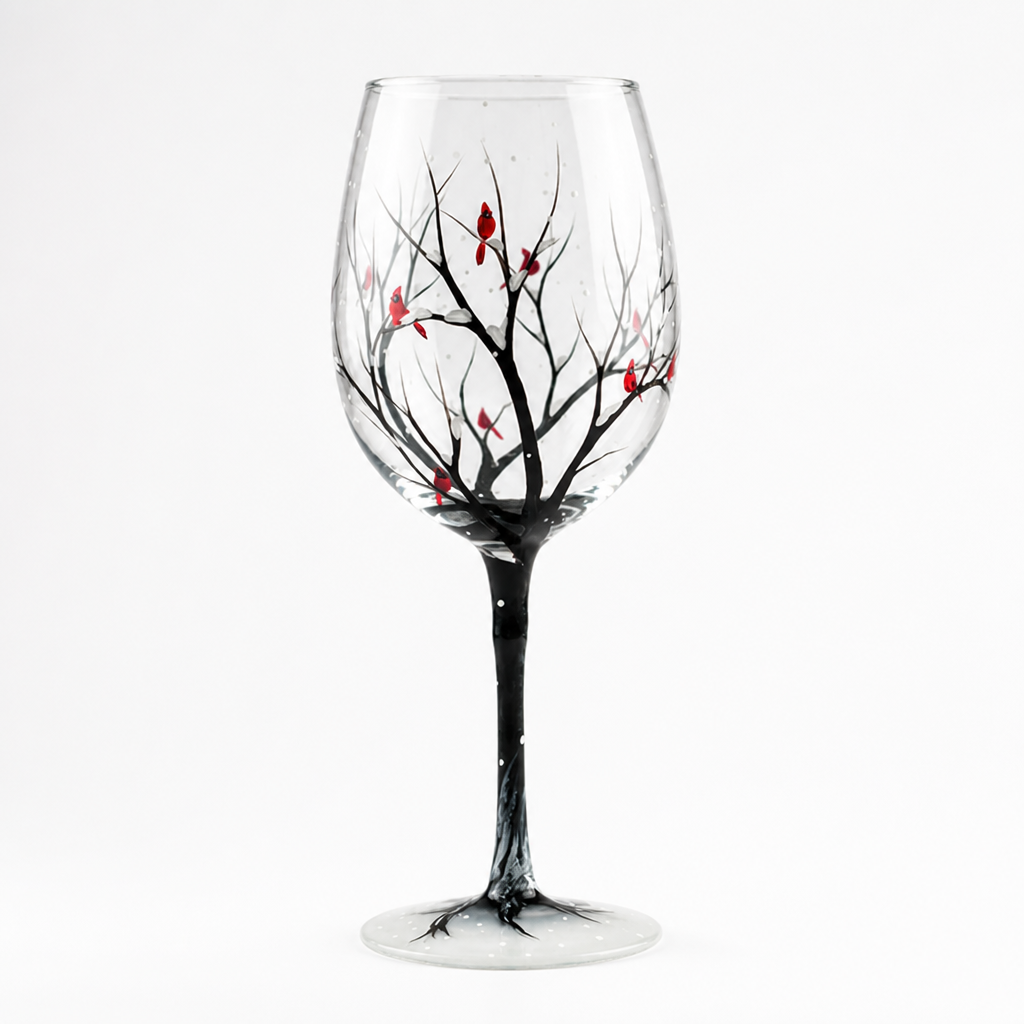 Wine Glass Hand-Painted Seasonal Tree & Butterfly Dishwasher-Safe