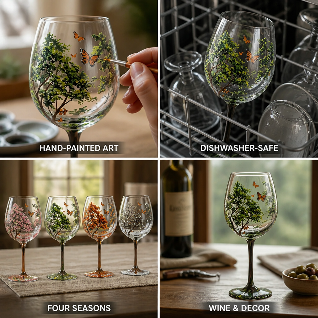 Wine Glass Hand-Painted Seasonal Tree & Butterfly Dishwasher-Safe