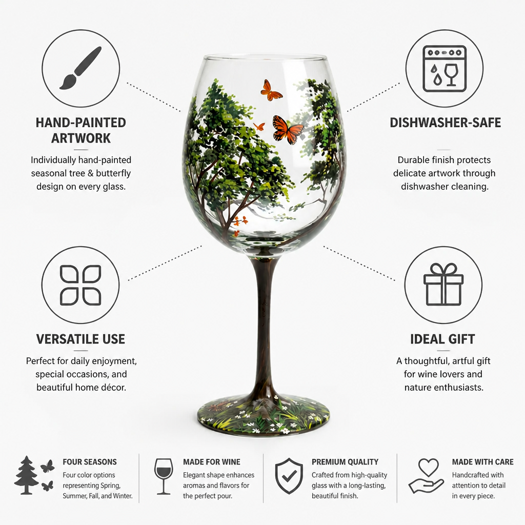 Wine Glass Hand-Painted Seasonal Tree & Butterfly Dishwasher-Safe