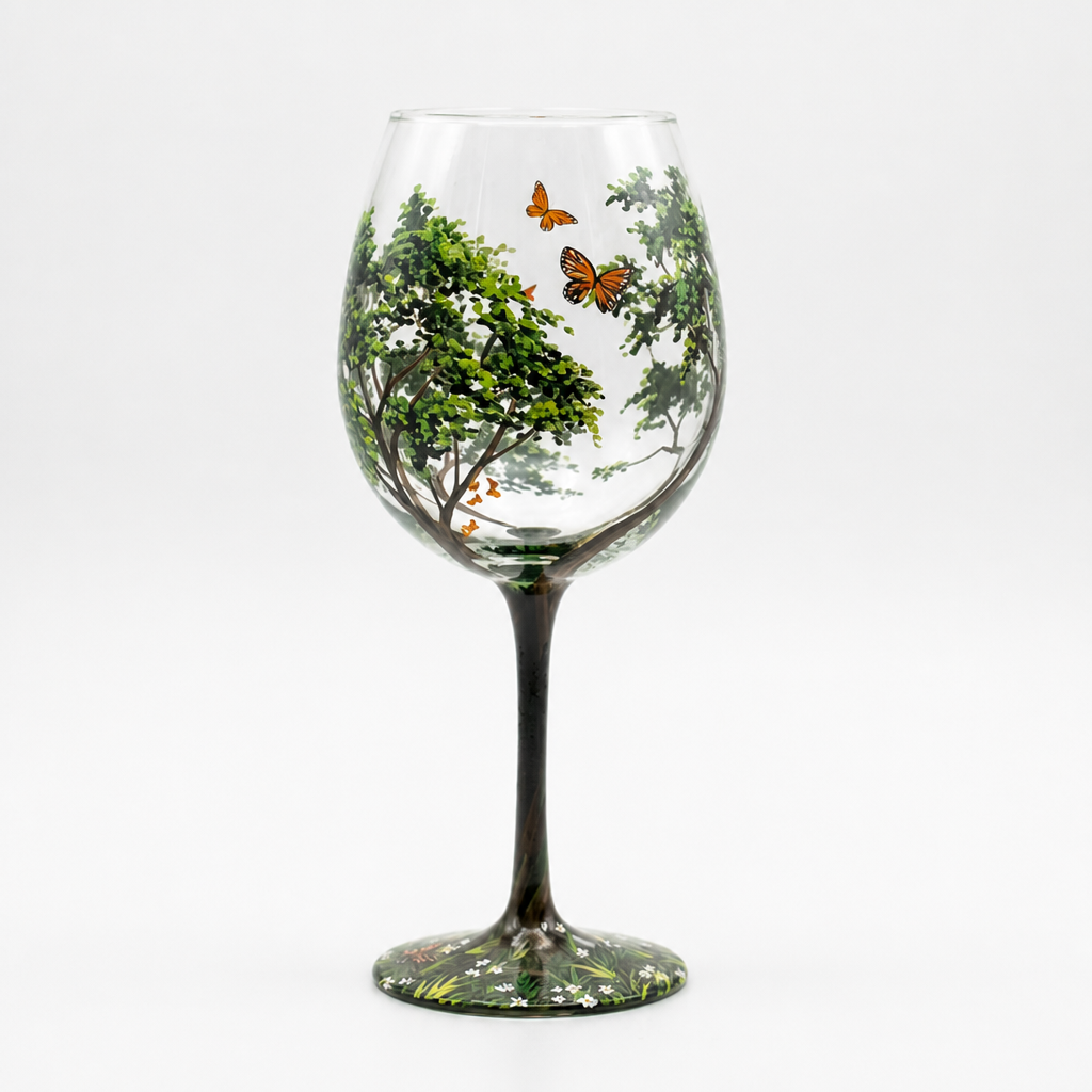 Wine Glass Hand-Painted Seasonal Tree & Butterfly Dishwasher-Safe