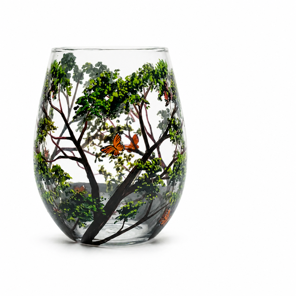 Wine Glass Hand-Painted Seasonal Tree & Butterfly Dishwasher-Safe