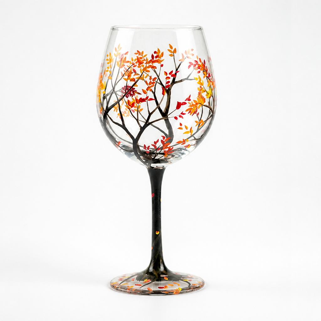 Wine Glass Hand-Painted Seasonal Tree & Butterfly Dishwasher-Safe