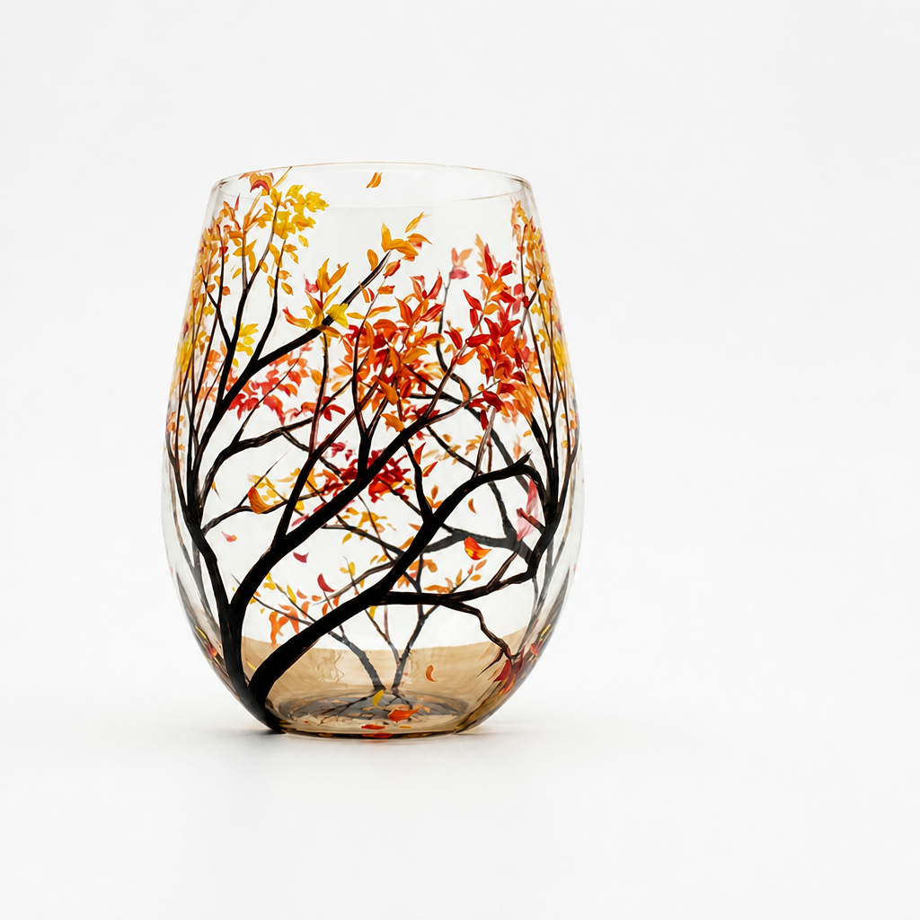 Wine Glass Hand-Painted Seasonal Tree & Butterfly Dishwasher-Safe