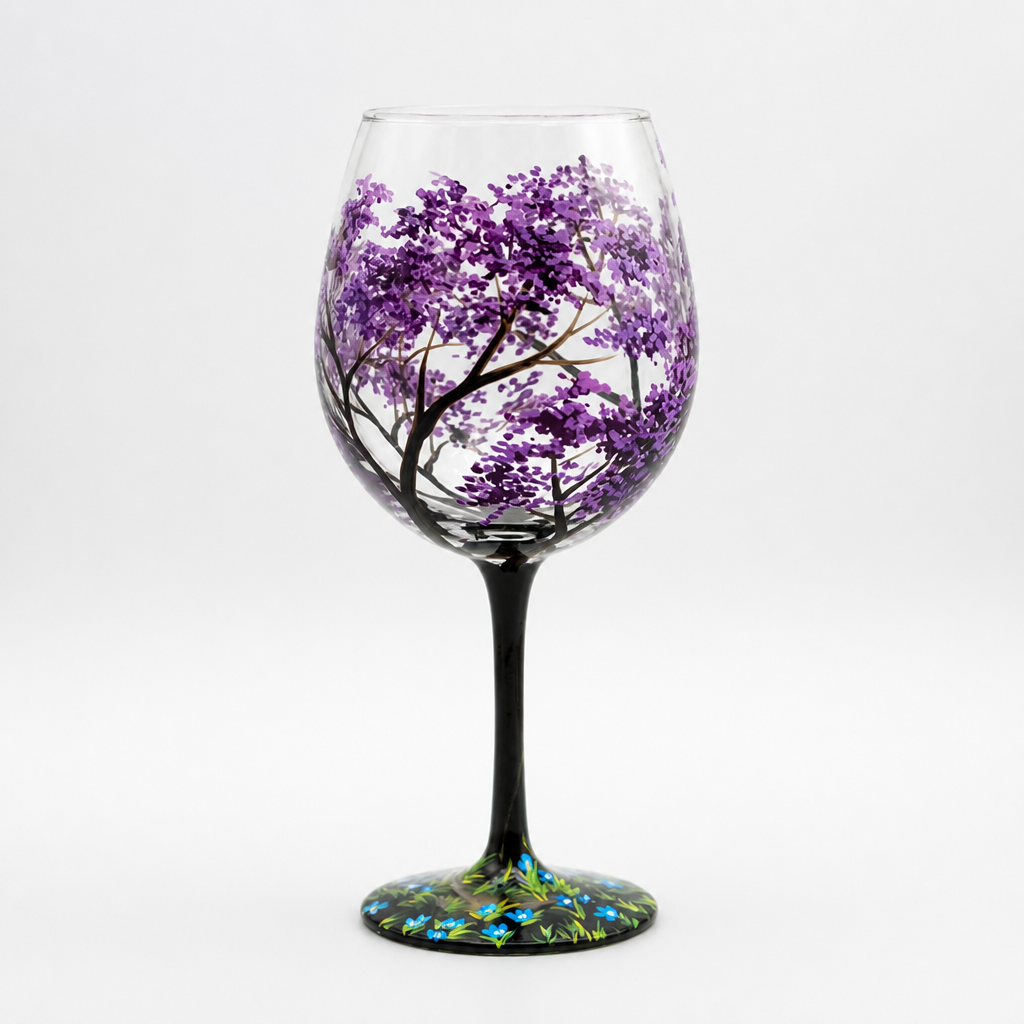 Wine Glass Hand-Painted Seasonal Tree & Butterfly Dishwasher-Safe