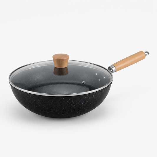 Wok Ceramic Non-Stick Flat Bottom & Glass Lid