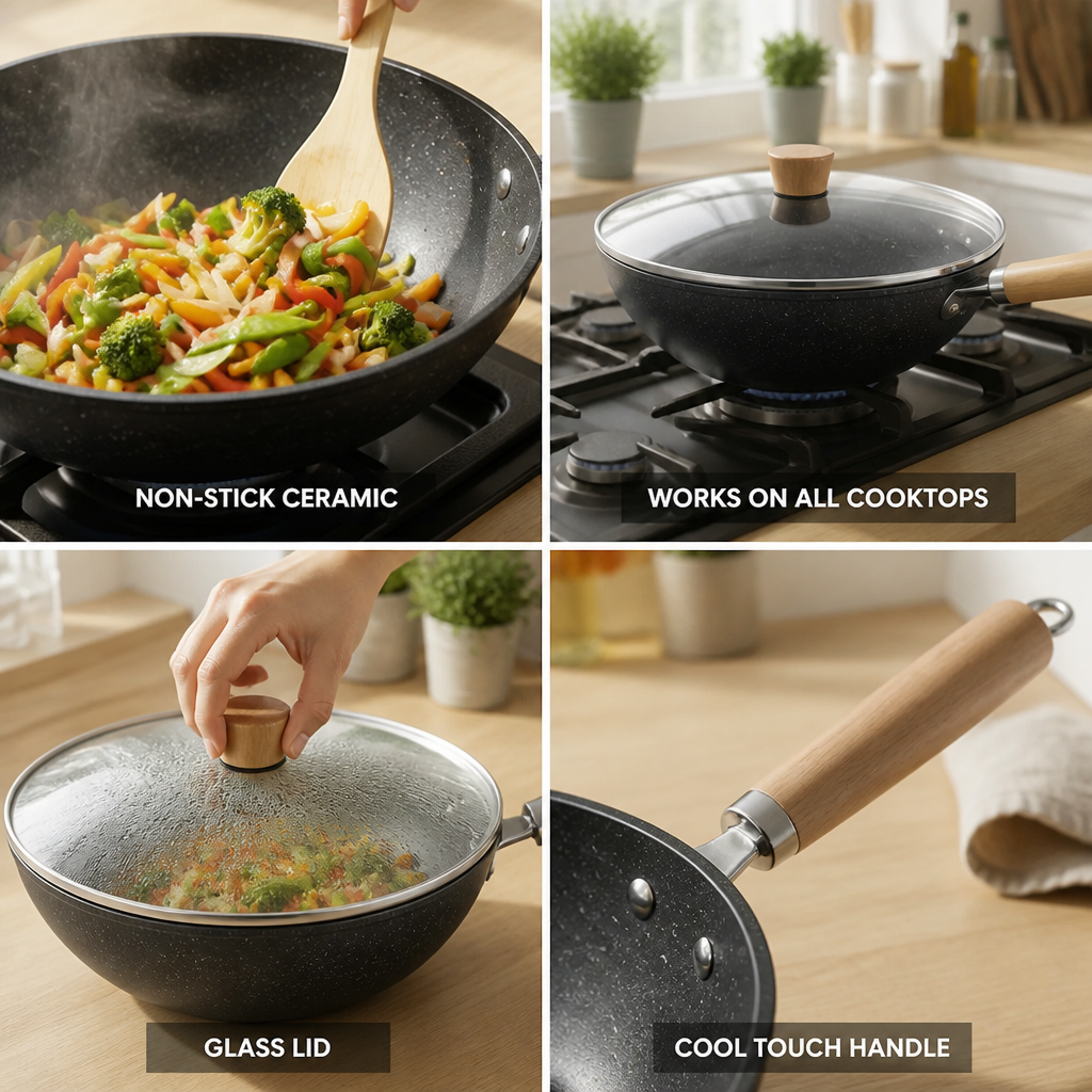 Wok Ceramic Non-Stick Flat Bottom & Glass Lid