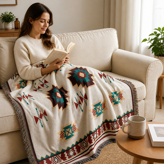 Woven Throw Blanket Southwestern Geometric Fringe