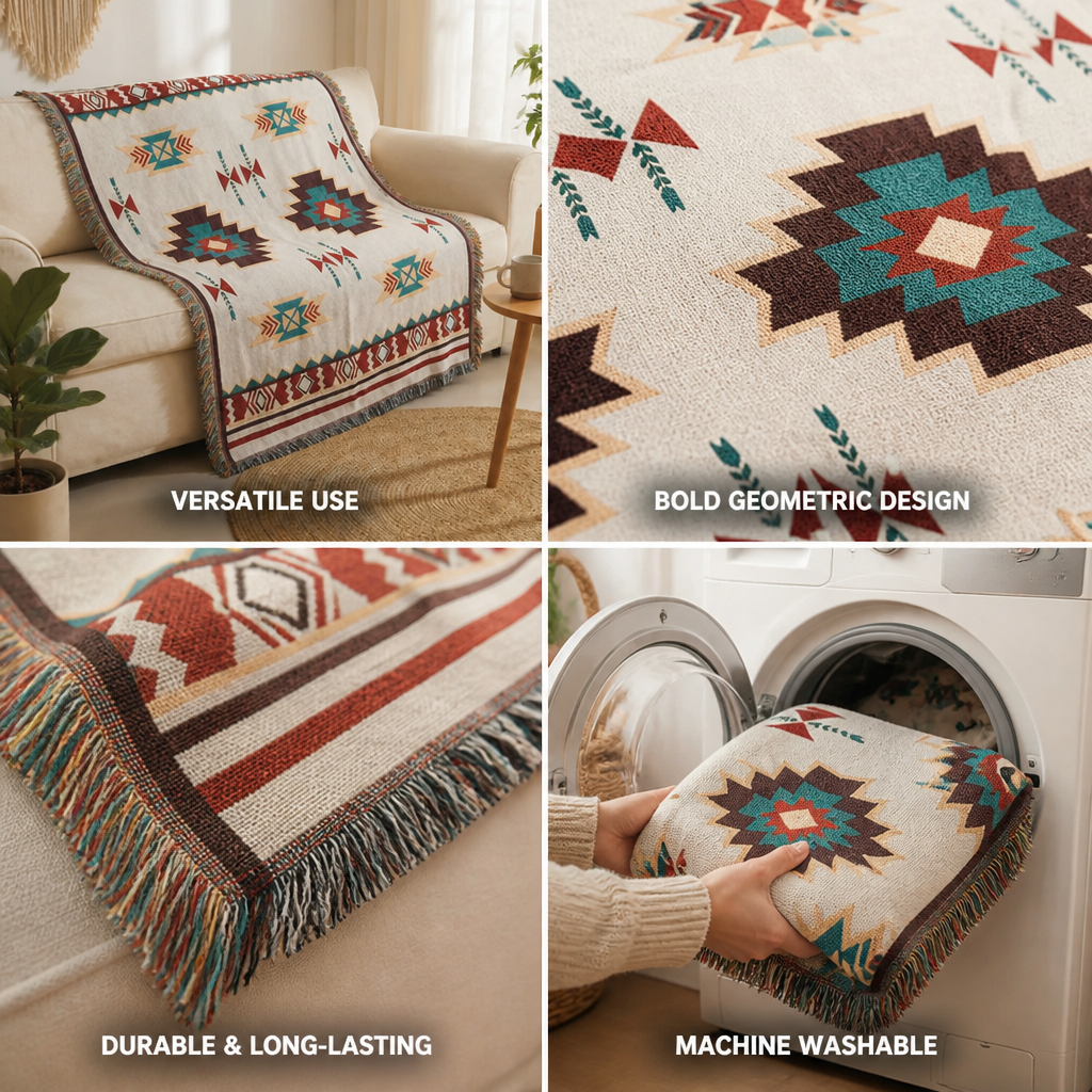 Woven Throw Blanket Southwestern Geometric Fringe