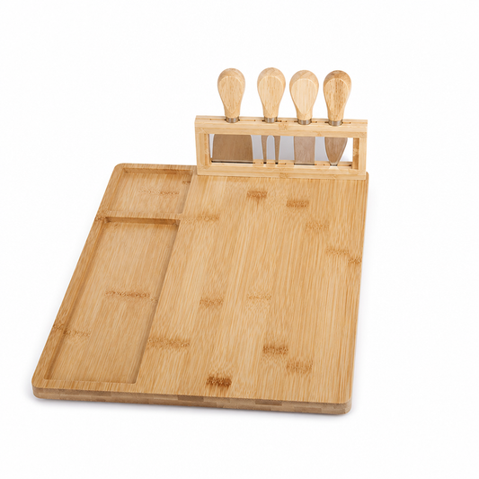 Bamboo Cheese Board Set with Knives and Storage Box (4 Knives)